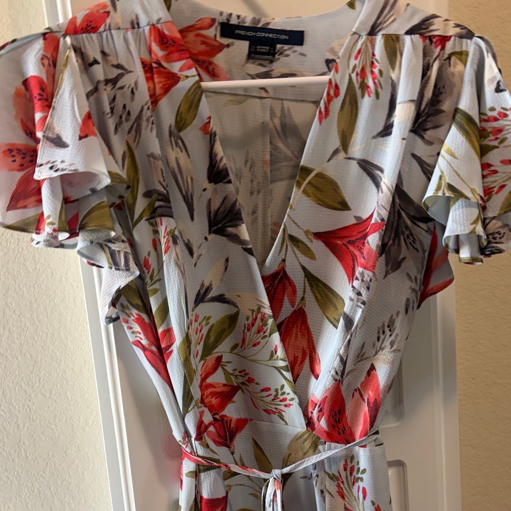French Connection Light Blue Wrap Dress with Red & Olive Floral